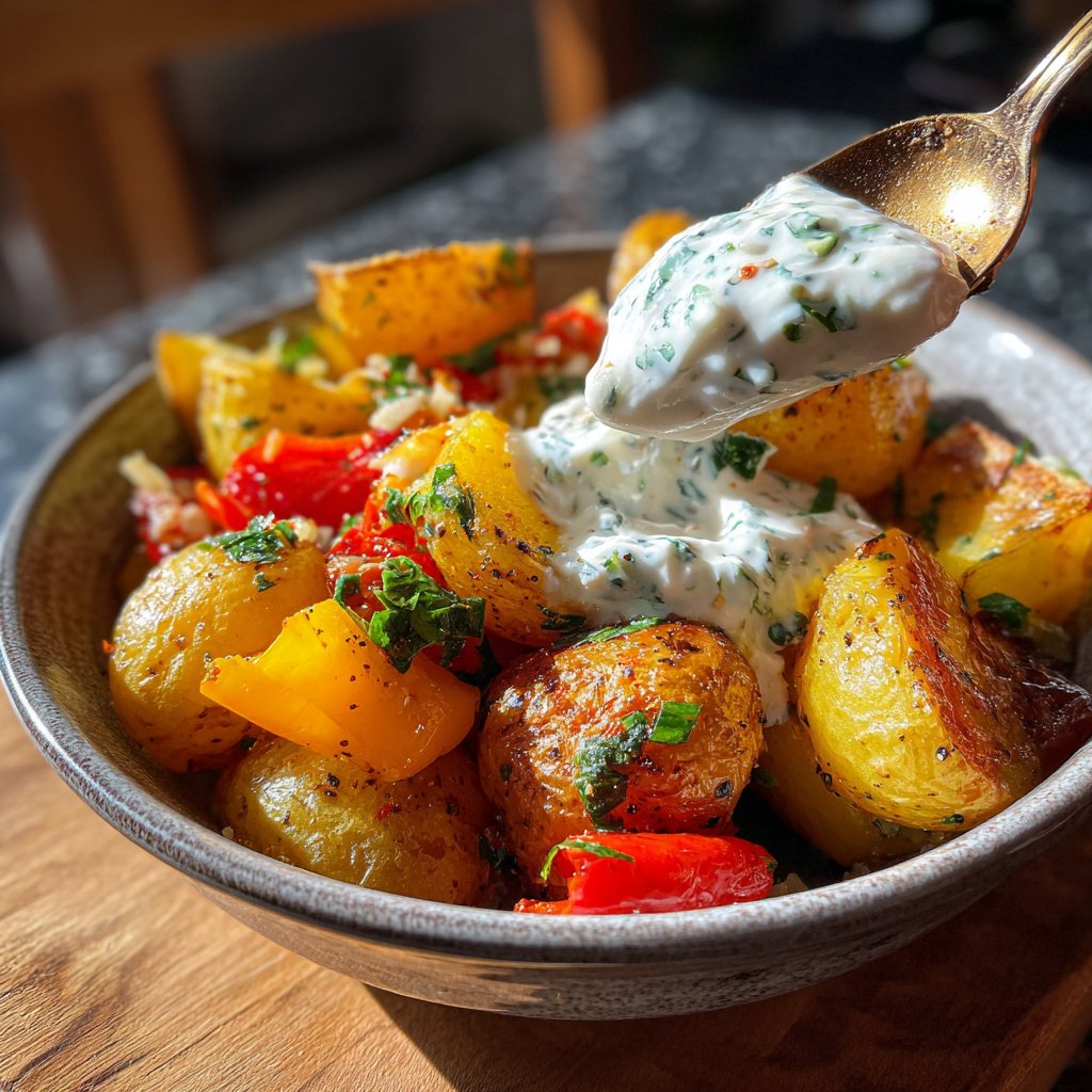 Abendessen mit Ofengemüse und Kräuterquark